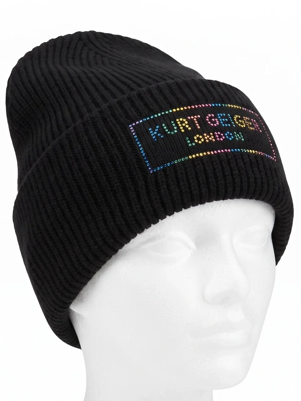 Kurt Geiger London Black Multi-Colored Crystal Logo Cuffed Ribbed Beanie NWOT